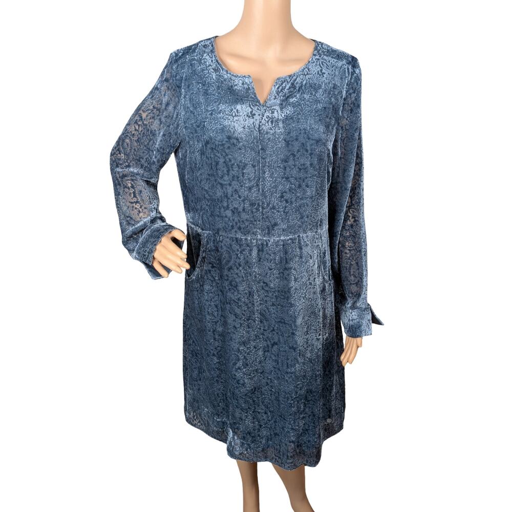 Garnet Hill Silk Velvet Burnout Paisley Dress 8 Blue Sheath Midi V-Neck Pockets